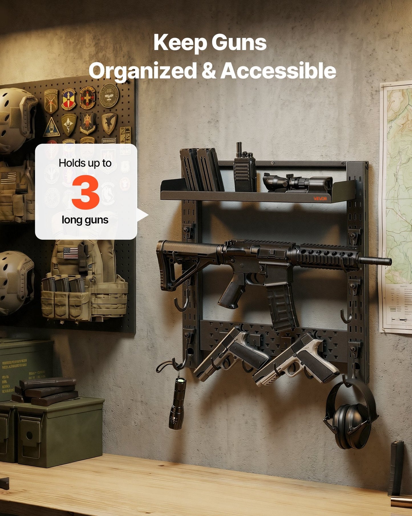 Gun Rack Wall Mount, Heavy Duty Steel, Indoor Rifle Shotgun Rack with J-Hooks, Additional Tray Storage, Gun Accessories Display Storage Holder, Hold Up to 3 Rifles or Shotguns, for Tactical Gear