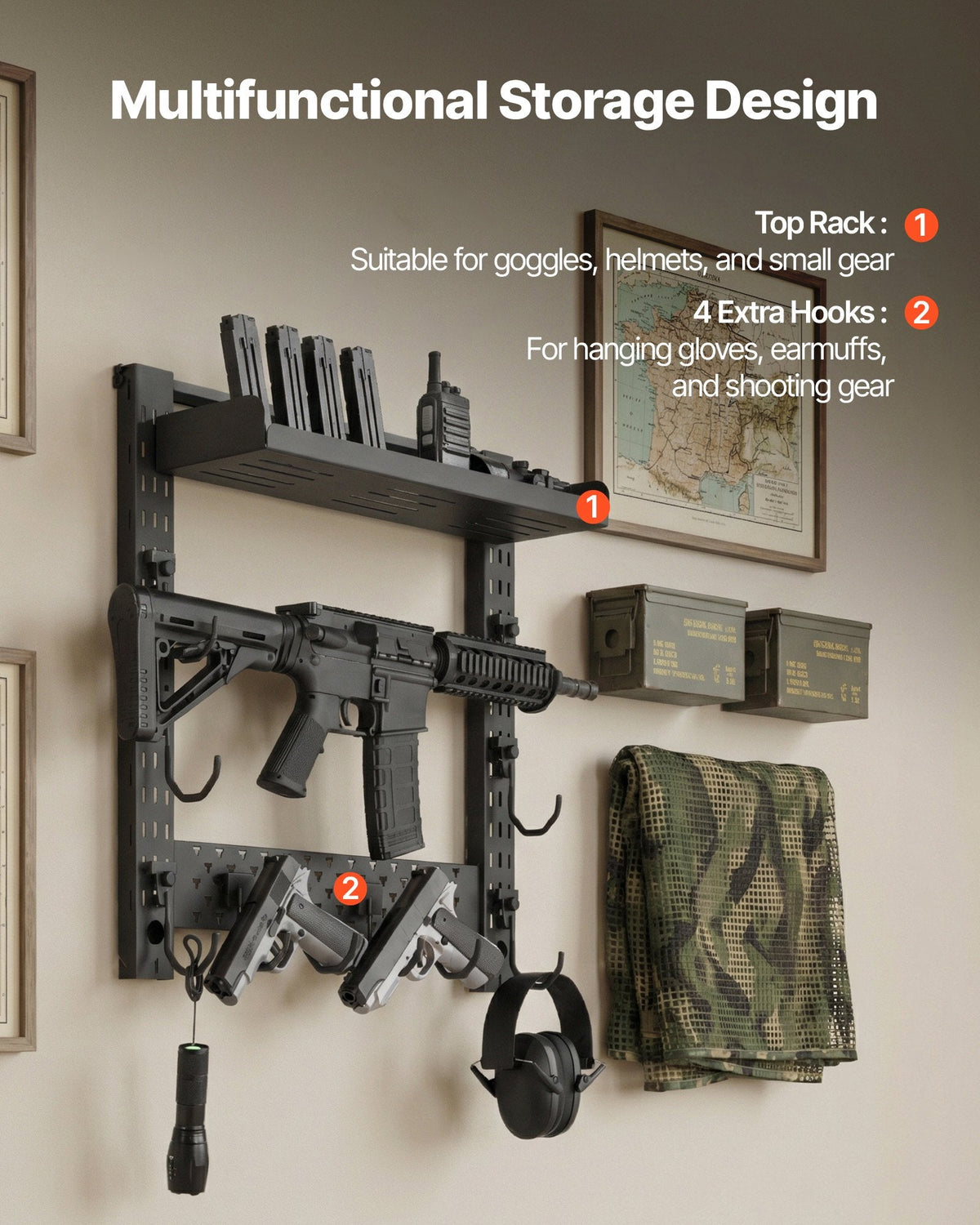 Gun Rack Wall Mount, Heavy Duty Steel, Indoor Rifle Shotgun Rack with J-Hooks, Additional Tray Storage, Gun Accessories Display Storage Holder, Hold Up to 3 Rifles or Shotguns, for Tactical Gear