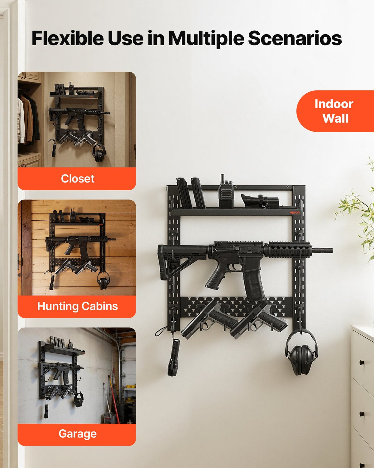 Gun Rack Wall Mount, Heavy Duty Steel, Indoor Rifle Shotgun Rack with J-Hooks, Additional Tray Storage, Gun Accessories Display Storage Holder, Hold Up to 3 Rifles or Shotguns, for Tactical Gear