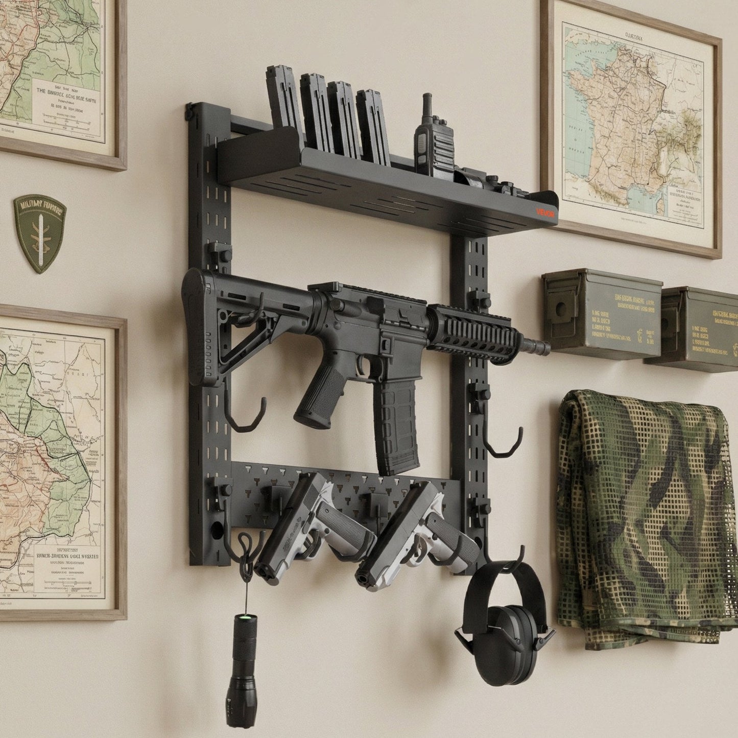 Gun Rack Wall Mount, Heavy Duty Steel, Indoor Rifle Shotgun Rack with J-Hooks, Additional Tray Storage, Gun Accessories Display Storage Holder, Hold Up to 3 Rifles or Shotguns, for Tactical Gear