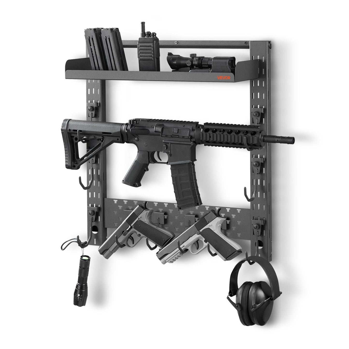 Gun Rack Wall Mount, Heavy Duty Steel, Indoor Rifle Shotgun Rack with J-Hooks, Additional Tray Storage, Gun Accessories Display Storage Holder, Hold Up to 3 Rifles or Shotguns, for Tactical Gear