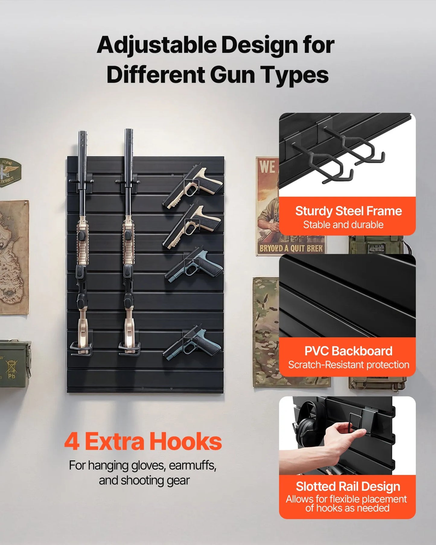Wall Mount, Tactical Rifle Shotgun Handgun Storage, Heavy-Duty PVC Panels & Steel Wall Racks, Securely Holds up to 2 Rifles & 4 Pistols, Modular Firearms Gun Gear Accessories Organizer