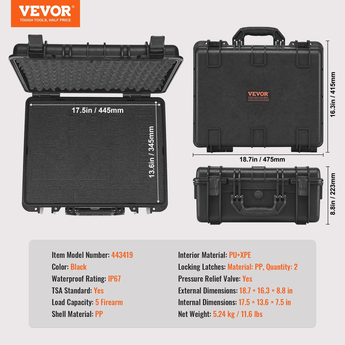 Hard Pistol Cases with Pre-cut Lining, Waterproof & Dustproof Hard Gun Case for 5 Pistol, 18.9×16.3×8.5 in Lockable Pistol Case, Black
