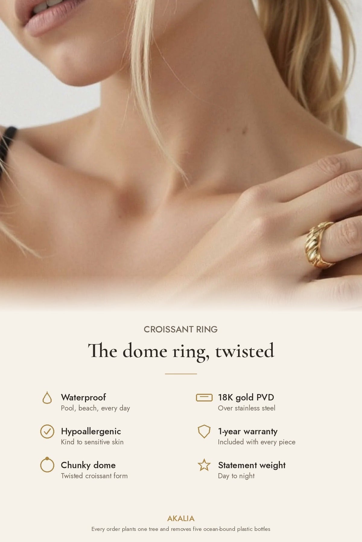 Waterproof 18K Gold-Plated Croissant Ring