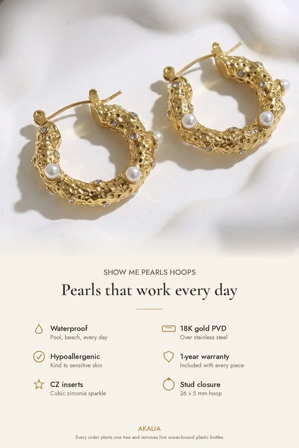 Waterproof Show Me Pearls Hoop Earrings Gold Plated